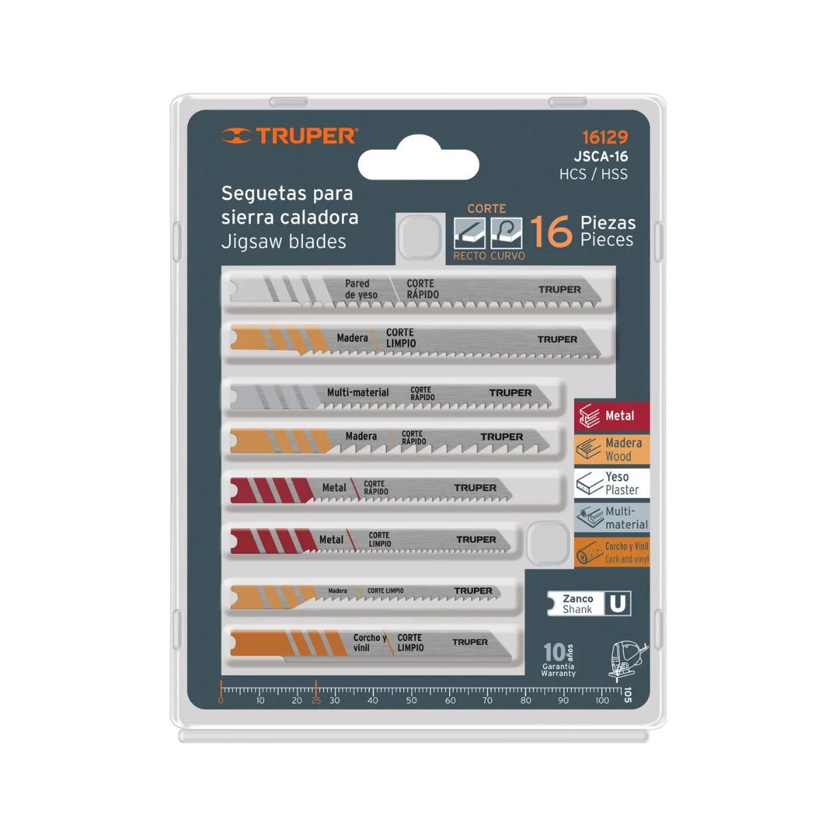 Set de 16 hojas para sierra caladora marca Truper, encastre universal tipo U, para madera, metal y materiales especiales.