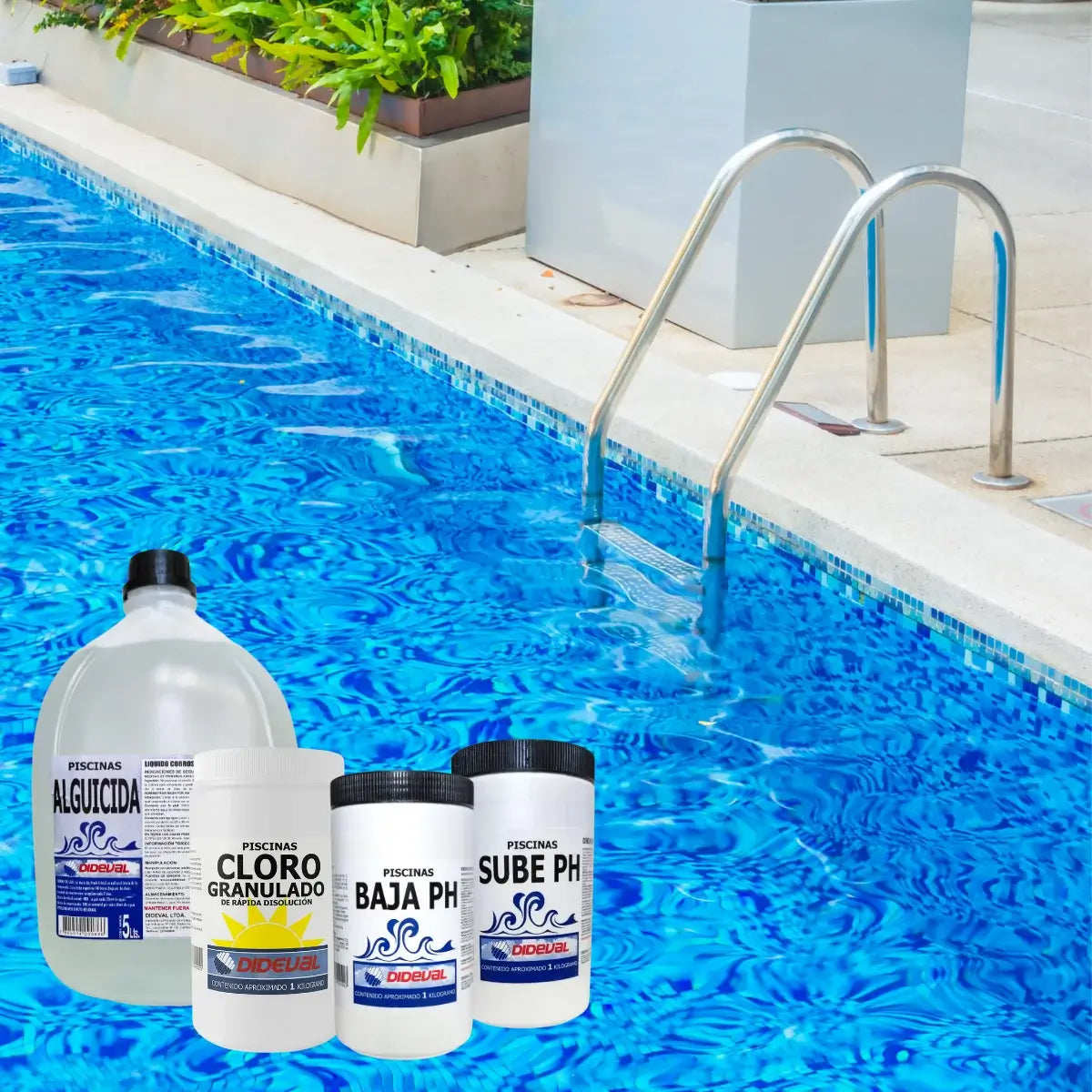 kit limpieza para piscina Dideval: Alguicida, Cloro Granulado, Sube pH y baja ph, para el mantenimiento de piscinas.