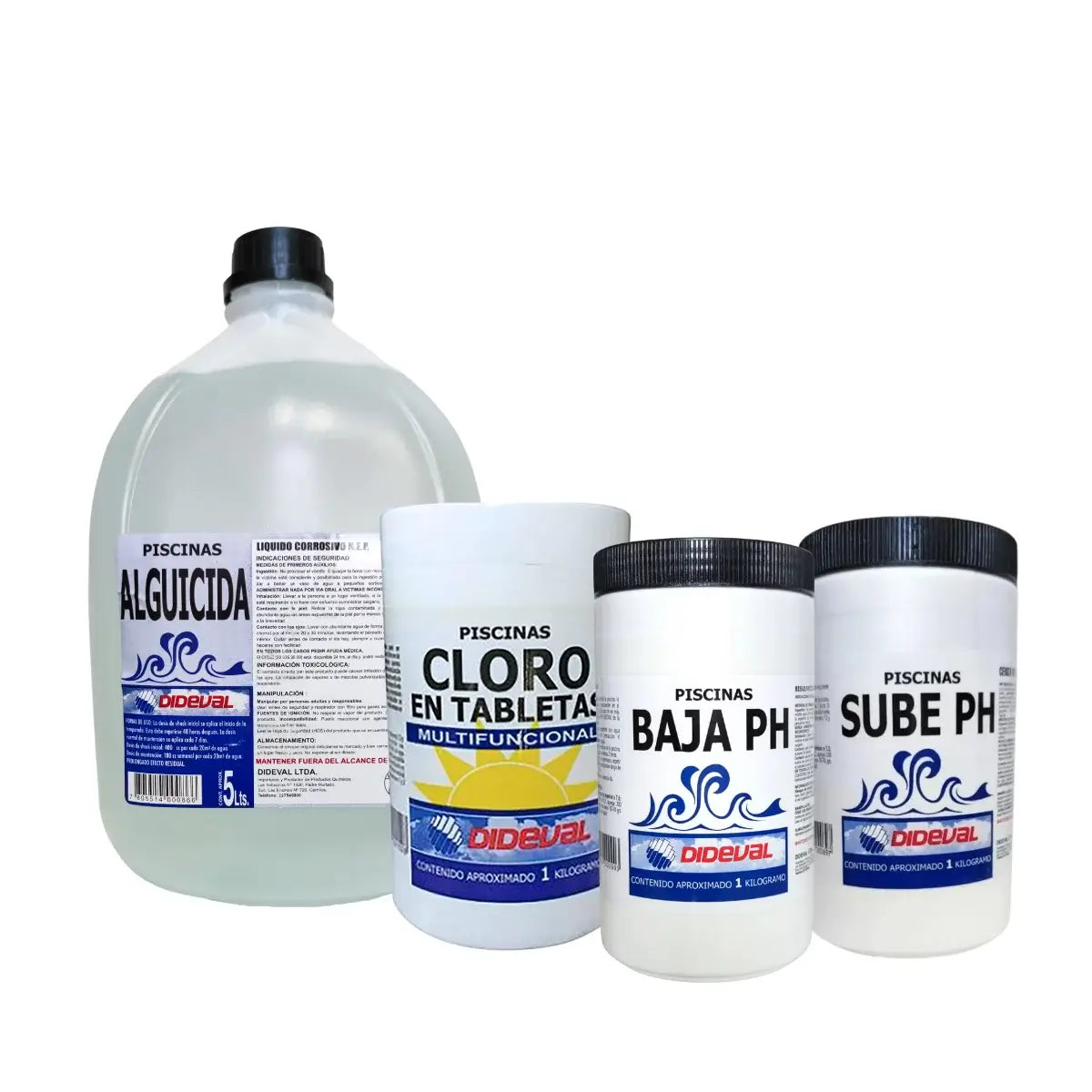 kit limpieza para piscina Dideval: Alguicida, Cloro en tableta multifuncion, baja ph y Sube pH, para el mantenimiento de piscinas.