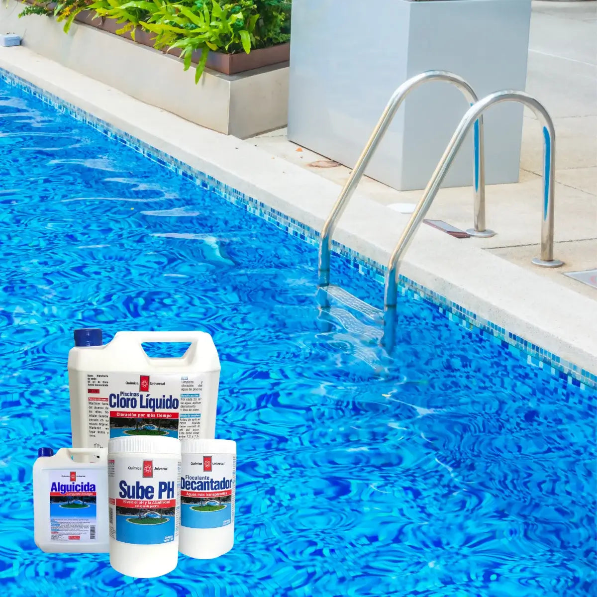 Kit limpieza de productos Química Universal: Cloro Líquido 5L, Decantador, Alguicida 1L y Sube pH.