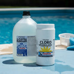 Kit Dideval con cloro granulado 90% y alguicida a base de amonio cuaternario para mantener el agua de piscina limpia y transparente. Tratamiento piscina