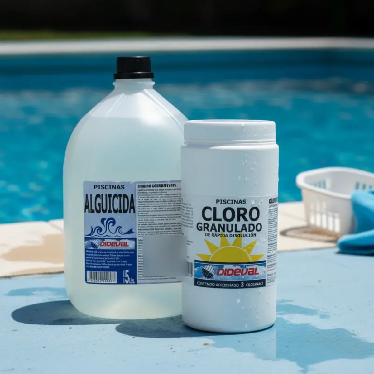 Kit Dideval con cloro granulado 90% y alguicida a base de amonio cuaternario para mantener el agua de piscina limpia y transparente. Tratamiento piscina