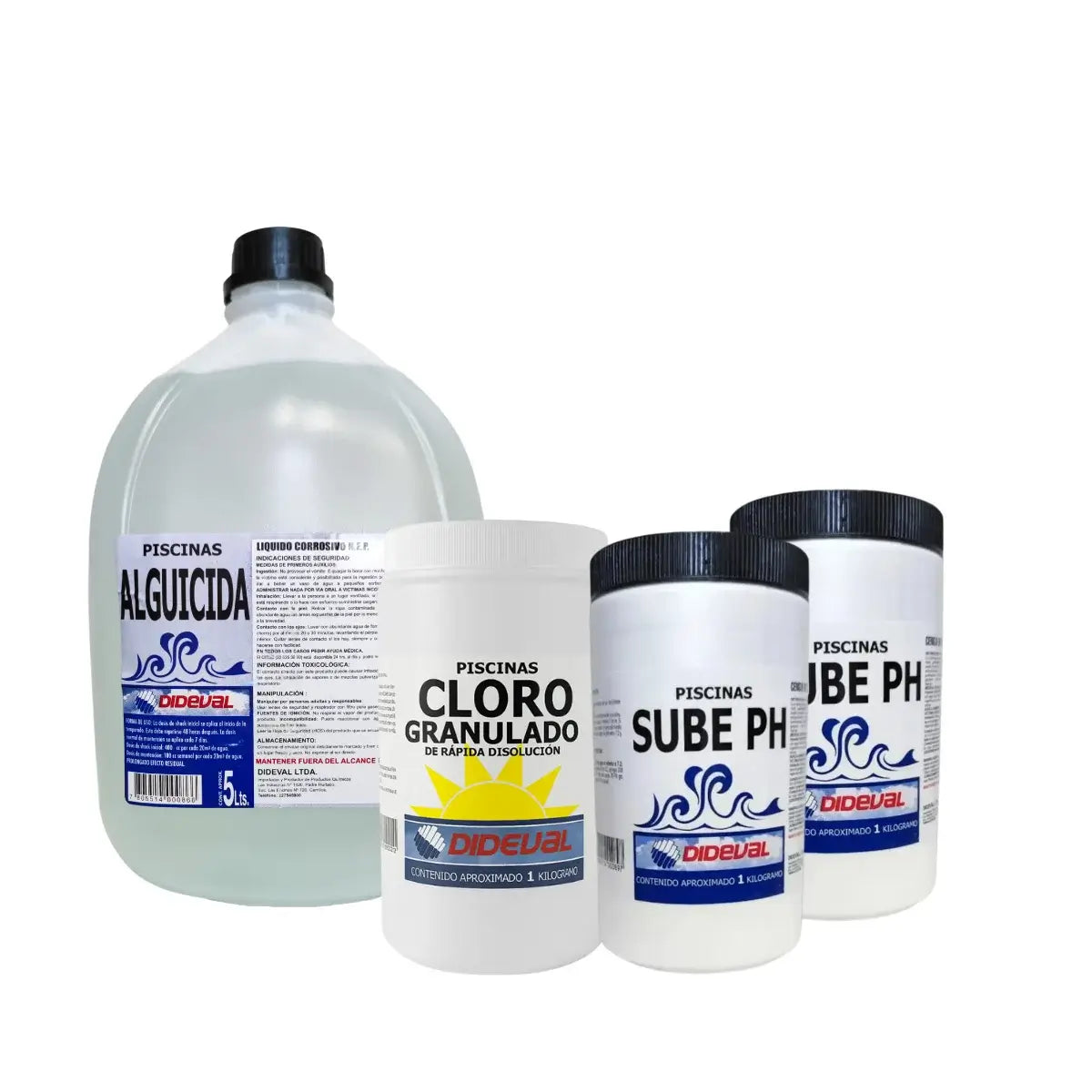 kit limpieza para piscina Dideval: Alguicida, Cloro Granulado y Sube pH, para el mantenimiento de piscinas.