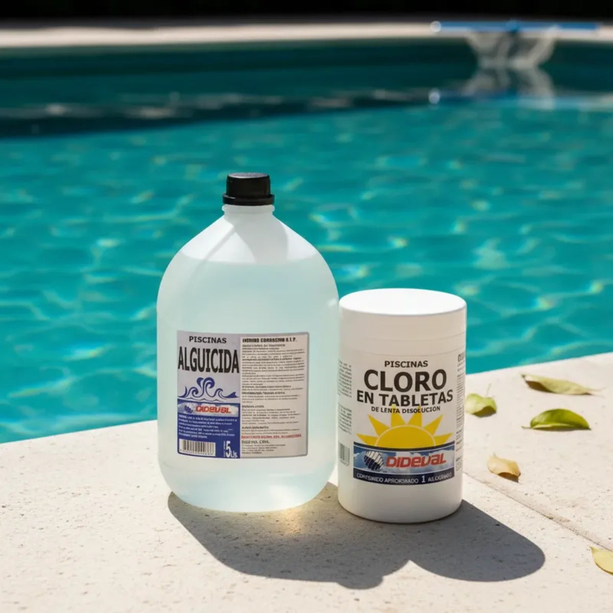 Kit Dideval de cloro en tabletas y alguicida para el mantenimiento continuo de piscinas, controlando algas y bacterias. Mantenimiento piscina