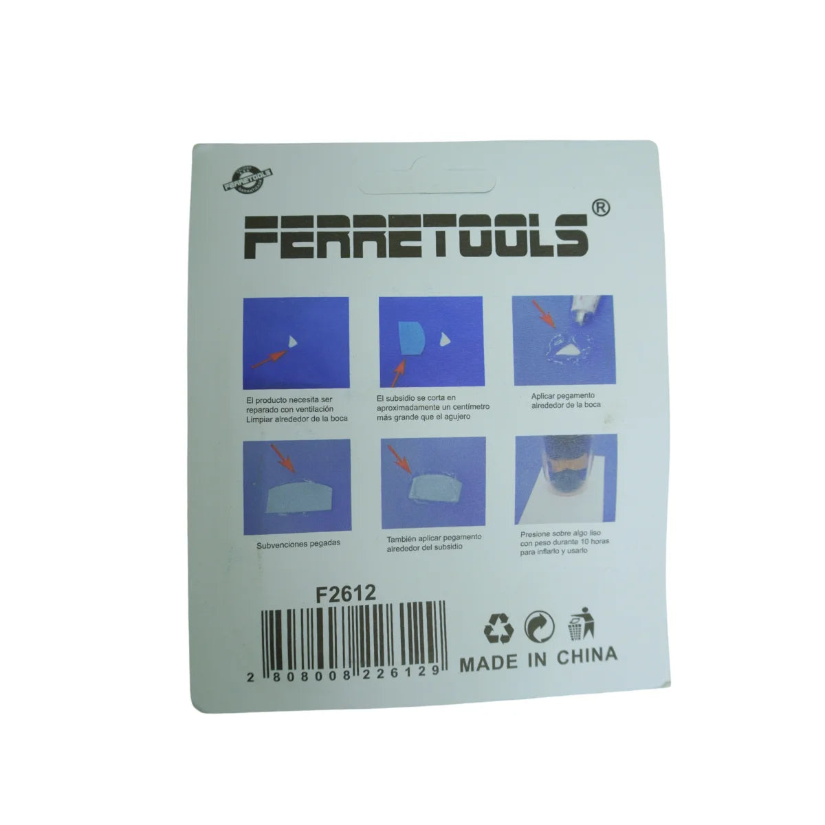 Kit de reparacion para piscina de 7 piezas con parches transparentes y tubo de pegamento para piscinas inflables.