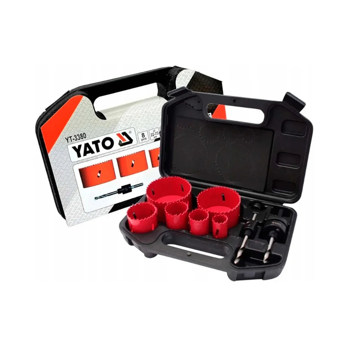Kit de sierra copa para metal marca Yato modelo YT-3380, fabricado en acero rápido HSS M3, incluye 8 piezas y maletín.