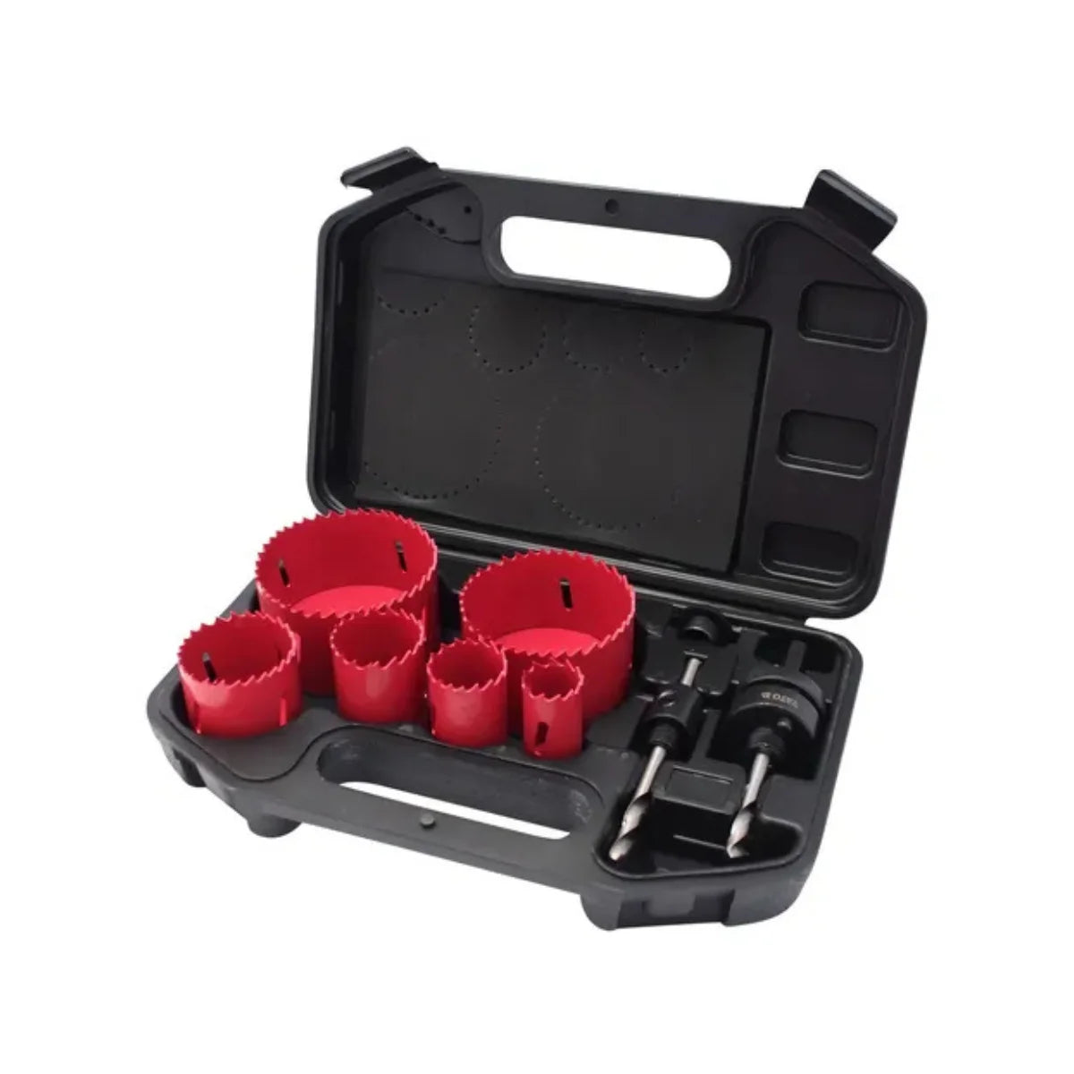 Kit de sierra copa para metal marca Yato modelo YT-3380, fabricado en acero rápido HSS M3, incluye 8 piezas y maletín.