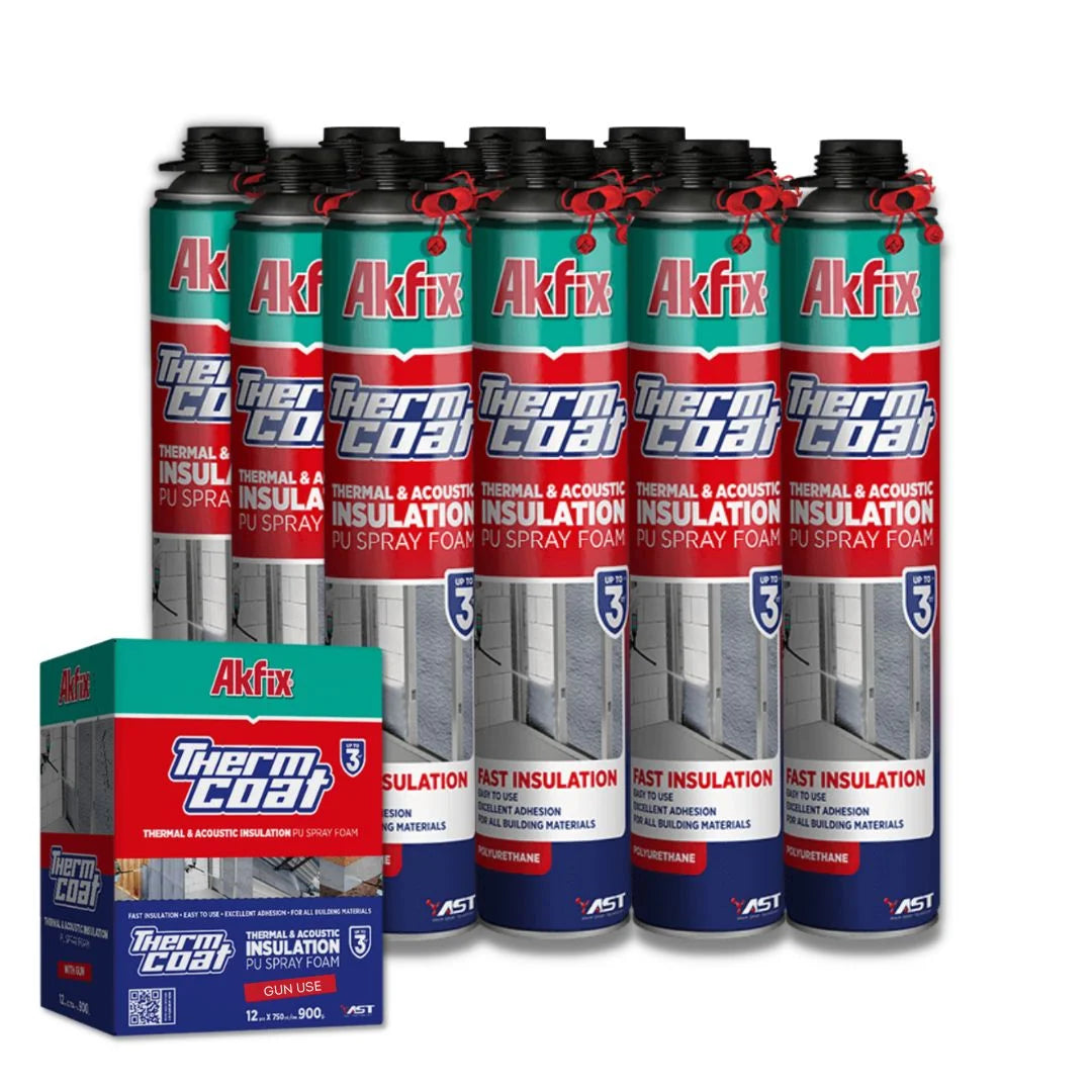 Espuma poliuretano Akfix Thermcoat Caja 12 de 850 ml, aislante de 0.025 W/mK que cumple norma térmica chilena, para aplicaciones de proyección.