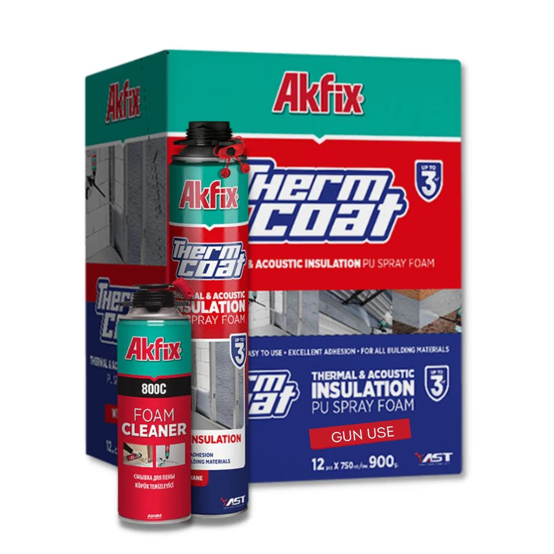 Espuma poliuretano Akfix Thermcoat Caja 12 de 850 ml, aislante de 0.025 W/mK que cumple norma térmica chilena, para aplicaciones de proyección.