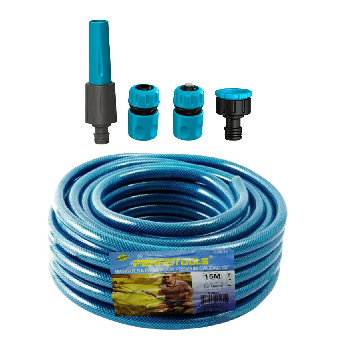 Kit de riego premium con manguera anti torsión de 15 metros, pitón ajustable y conectores rápidos.
