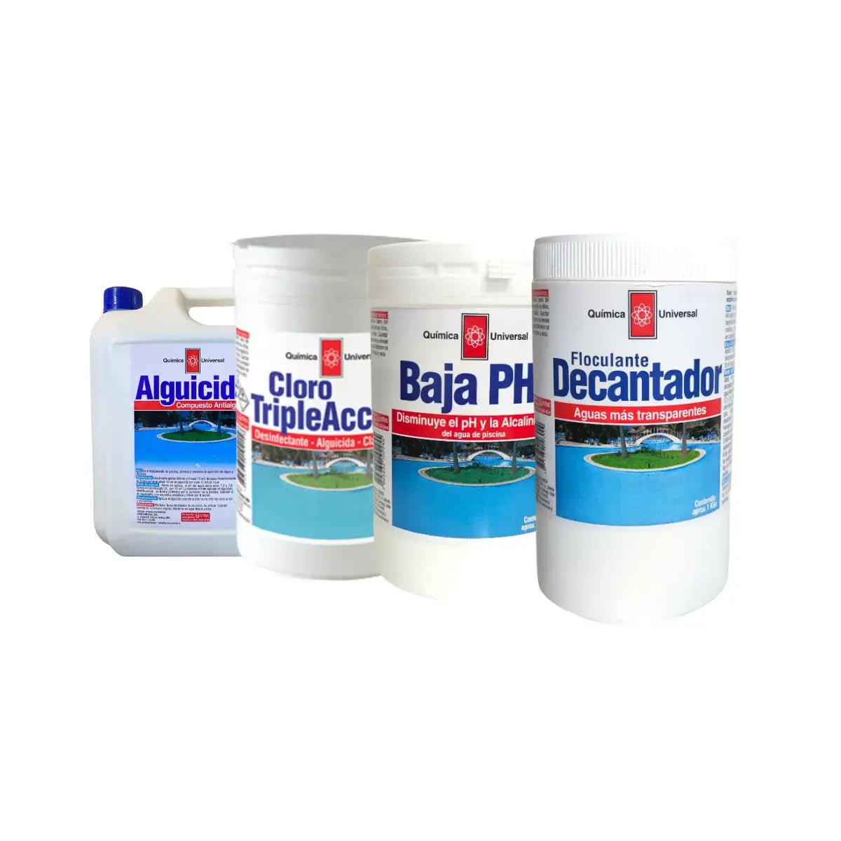 Kit limpieza Química Universal: Cloro Triple Acción, Decantador, Alguicida y Baja pH.