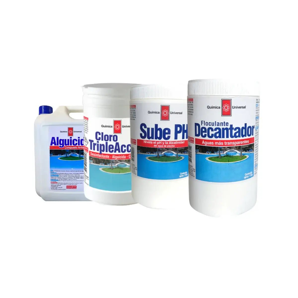 Kit limpieza Química Universal: Cloro Triple Acción, Decantador, Alguicida y sube pH.