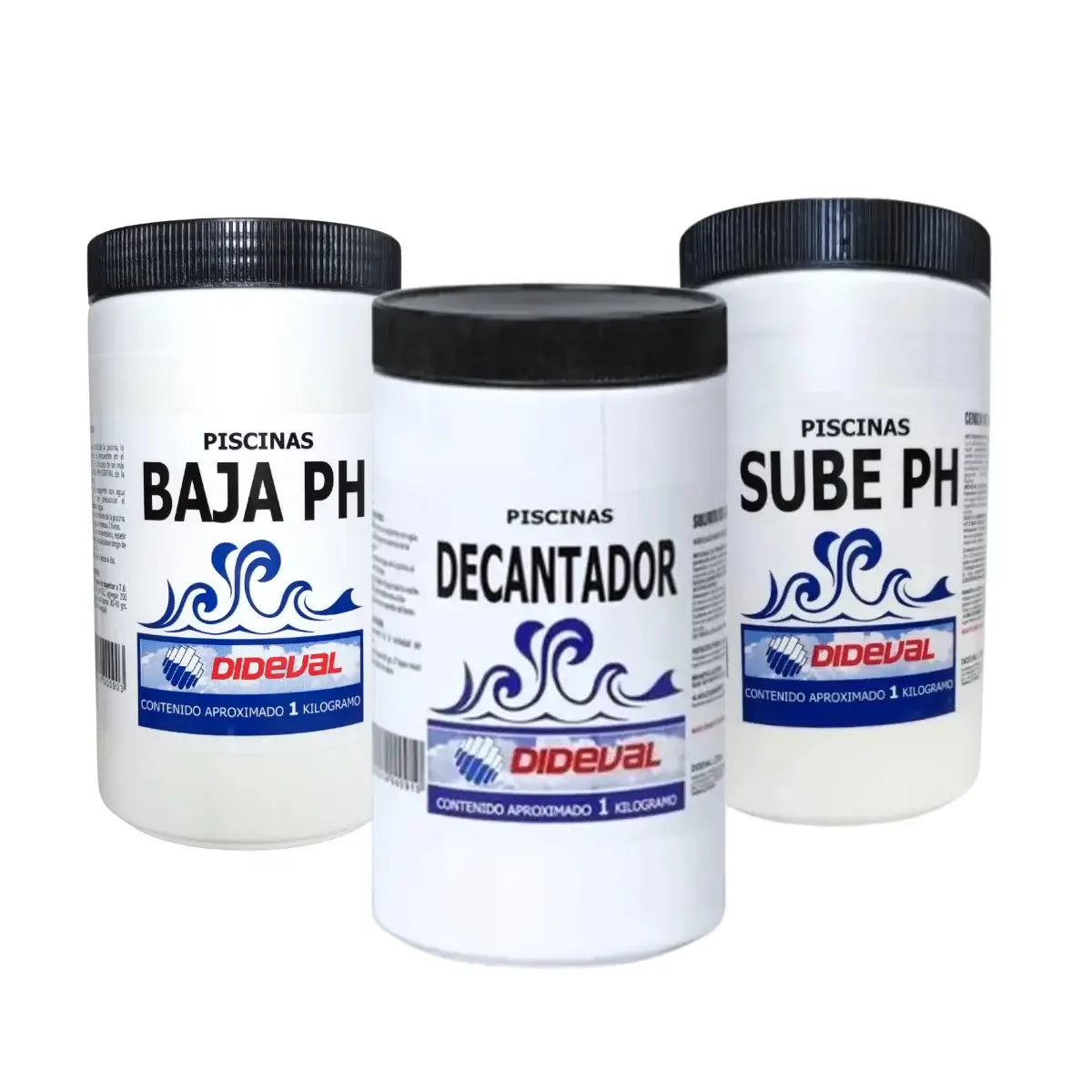 Kit limpieza Dideval con Sube pH, Baja pH y Decantador para piscinas.