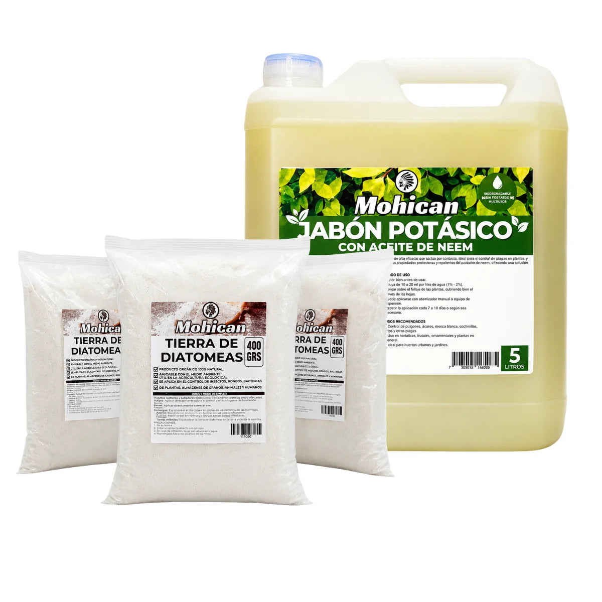 Kit jabón potásico con aceite de neem 5 litros y tierra de diatomeas 1,2 kg Mohican