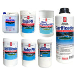 Kit mantenimiento profesional full de piscina de 7 productos Química Universal: Cloro Triple, Cloro Granulado, Alguicida, Sube pH, Baja pH, Decantador y Clarificador.
