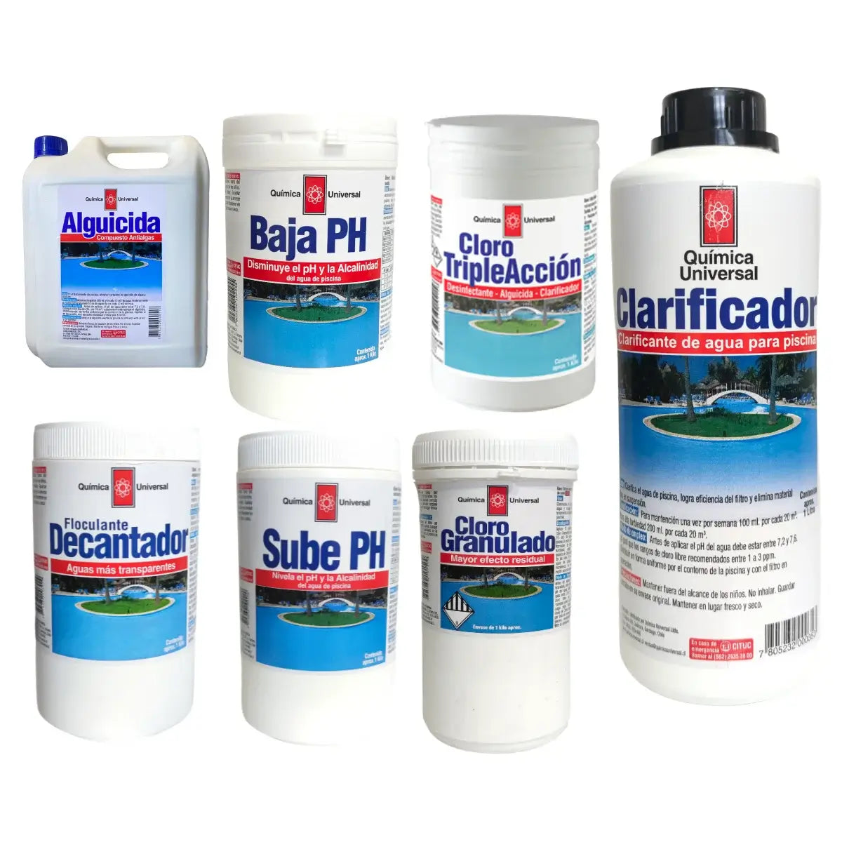 Kit mantenimiento profesional full de piscina de 7 productos Química Universal: Cloro Triple, Cloro Granulado, Alguicida, Sube pH, Baja pH, Decantador y Clarificador.