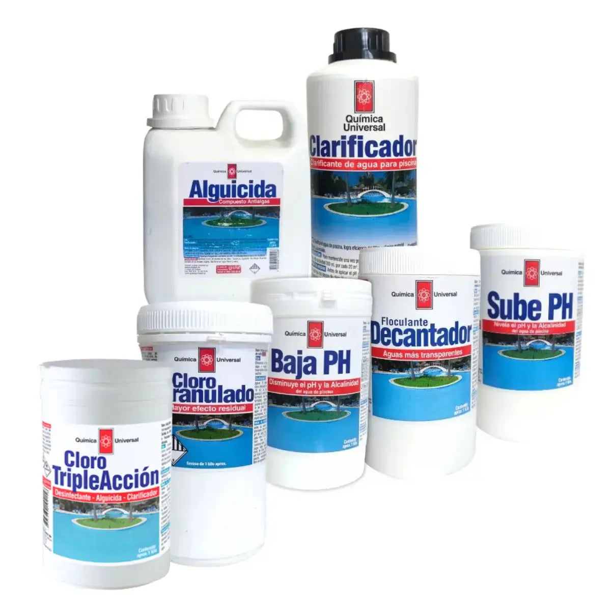Kit mantenimiento profesional full de piscina de 7 productos Química Universal: Cloro Triple, Cloro Granulado, Alguicida, Sube pH, Baja pH, Decantador y Clarificador.