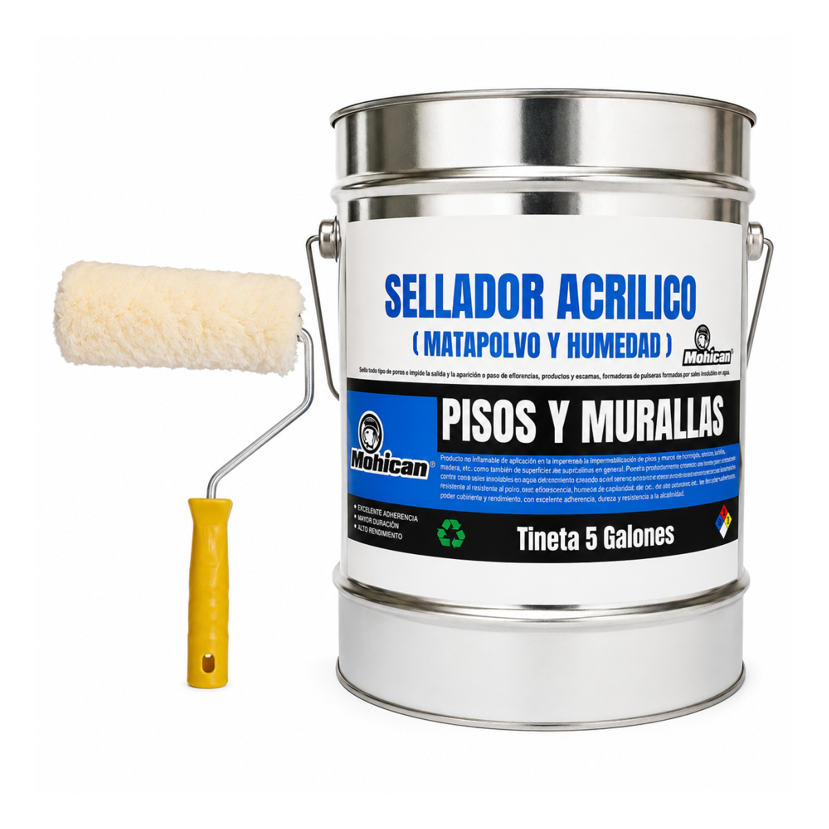 Kit sellador acrílico matapolvo y humedad Mohican 5 galones con rodillo de 18 cm