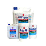 Kit limpieza de productos Química Universal: Cloro Líquido 5L, Decantador, Alguicida 1L y baja pH.