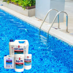 Kit limpieza de productos Química Universal: Cloro Líquido 5L, Decantador, Alguicida 1L y baja pH.