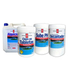 Kit limpieza piscina de productos Química Universal: Cloro en Tabletas, Decantador, Alguicida y sube pH.