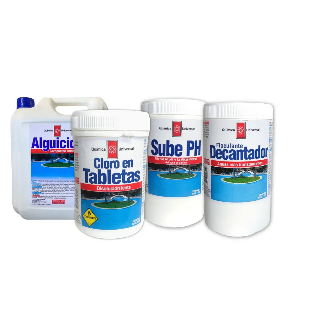 Kit limpieza piscina de productos Química Universal: Cloro en Tabletas, Decantador, Alguicida y sube pH.