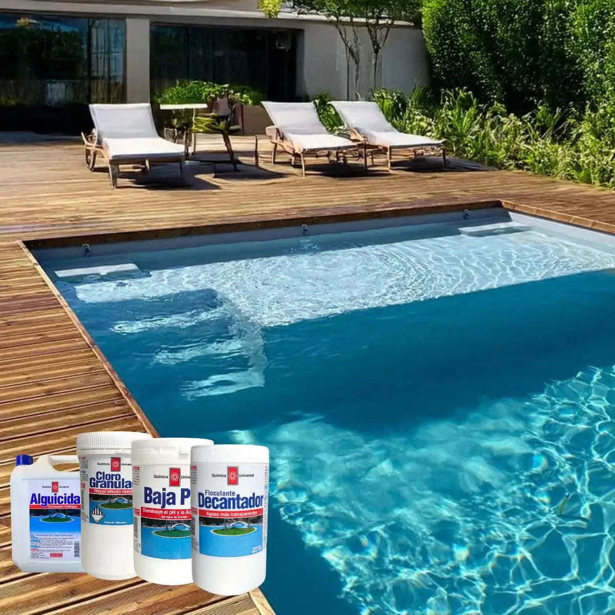 Kit de 4 químicos para piscina: desinfección, clarificación, control de algas y balance de pH. Cloro granulado, alguicida, decantador y baja pH. Mantenimiento integral