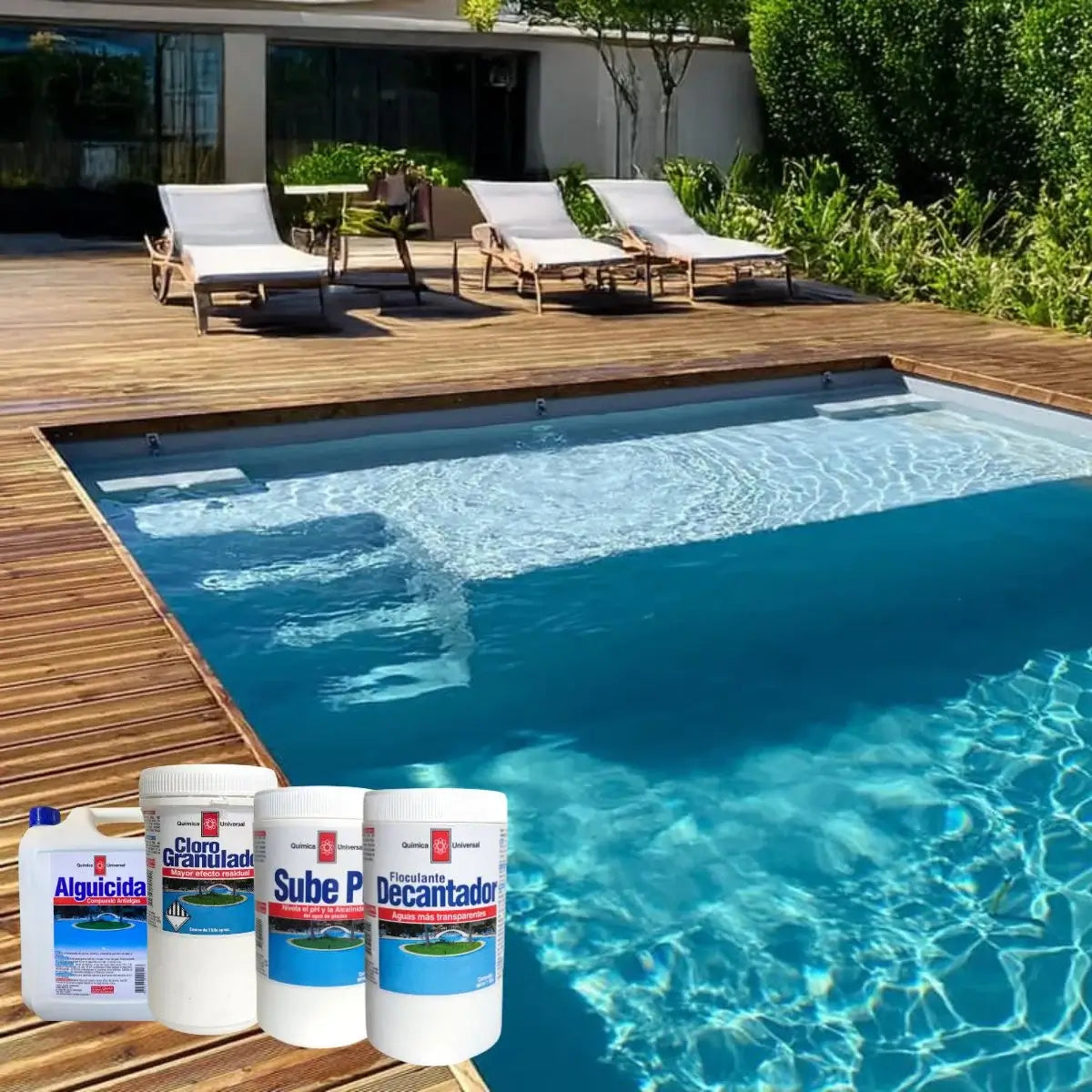 Kit de 4 químicos para piscina: desinfección, clarificación, control de algas y balance de pH. Cloro granulado, alguicida, decantador y sube pH. Mantenimiento integral