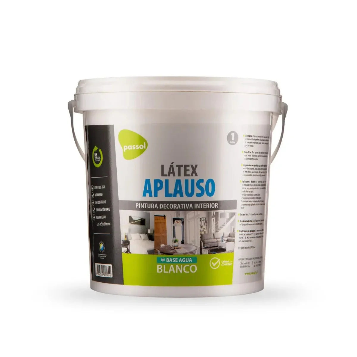 Pintura Látex Passol Aplauso Blanco de rápido secado con acción antihongo para concreto, yeso y albañilería.