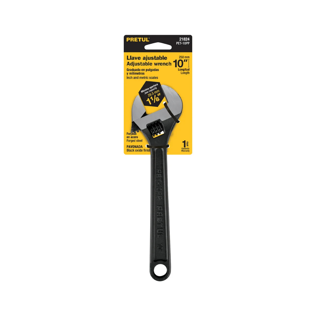 Llave francesa ajustable marca Pretul fabricada en acero al carbono con acabado pavonado resistente a la corrosión, disponible en varias medidas.