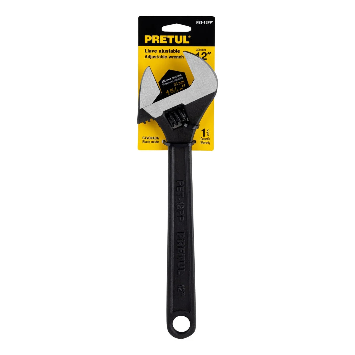 Llave francesa ajustable marca Pretul fabricada en acero al carbono con acabado pavonado resistente a la corrosión, disponible en varias medidas.