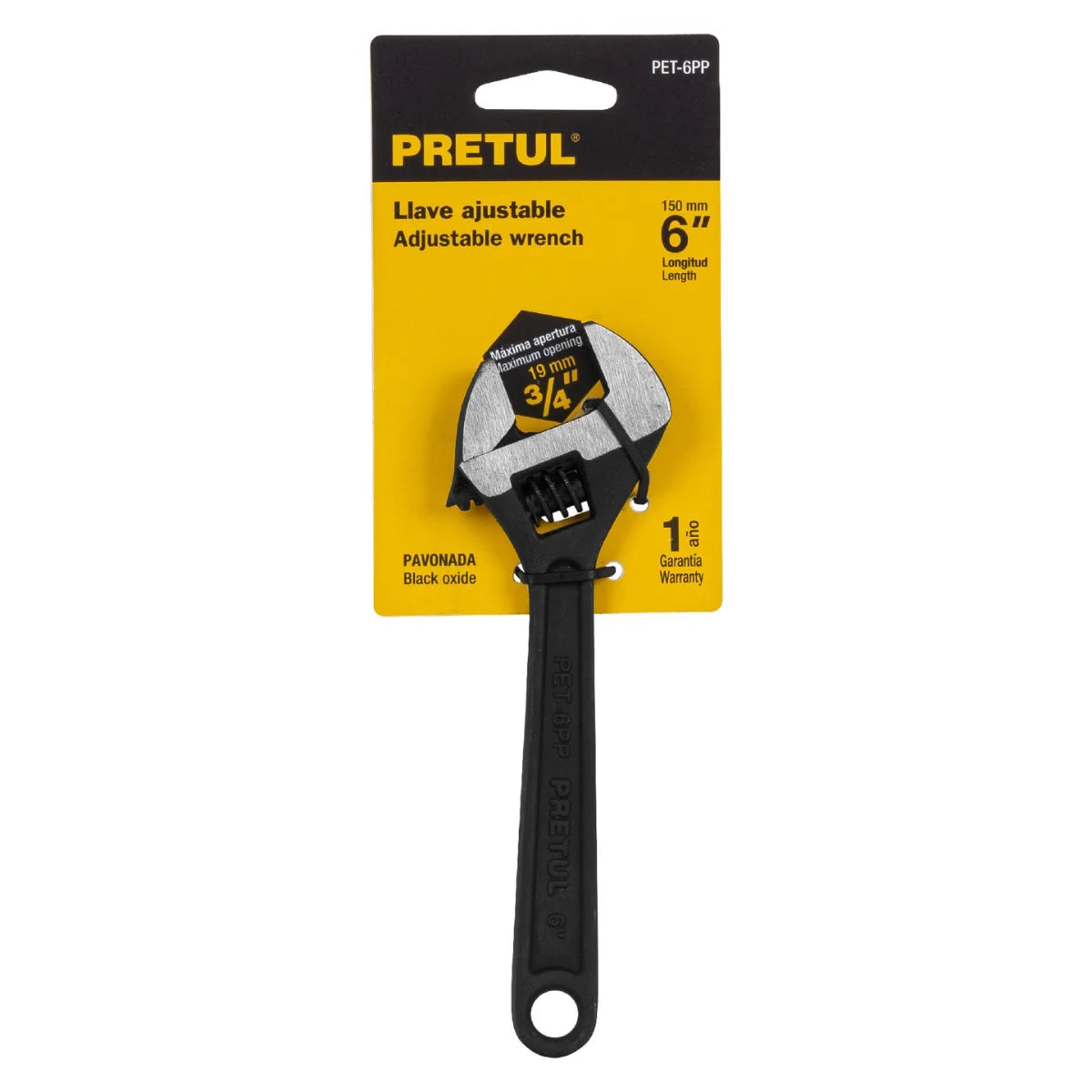 Llave francesa ajustable marca Pretul fabricada en acero al carbono con acabado pavonado resistente a la corrosión, disponible en varias medidas.