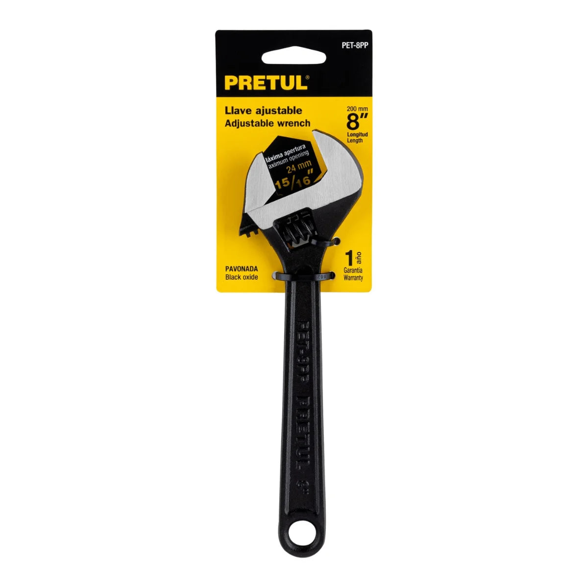 Llave francesa ajustable marca Pretul fabricada en acero al carbono con acabado pavonado resistente a la corrosión, disponible en varias medidas.