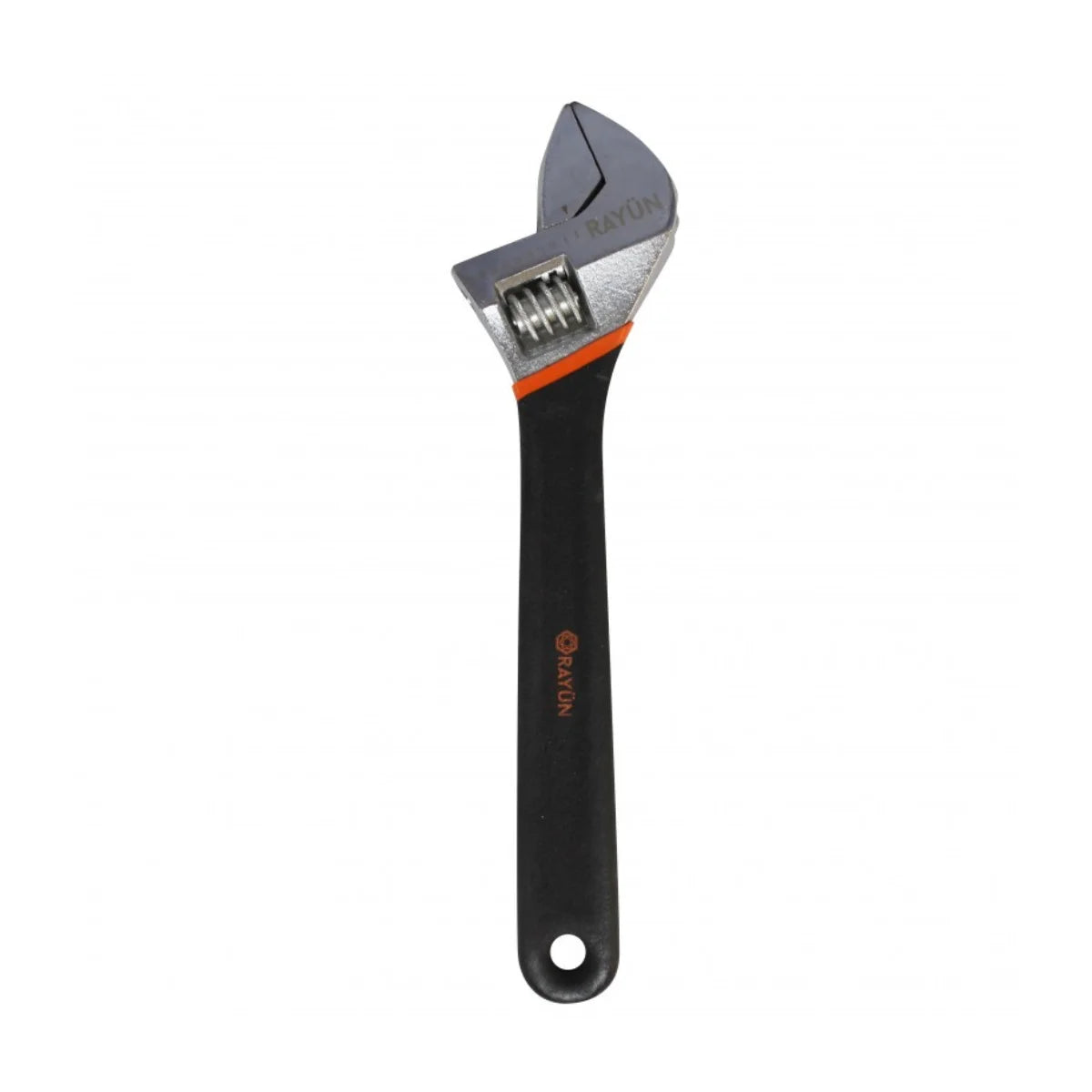 Llave francesa ajustable de acero forjado con mango ergonómico recubierto en goma antideslizante y escala milimétrica en la mordaza.
