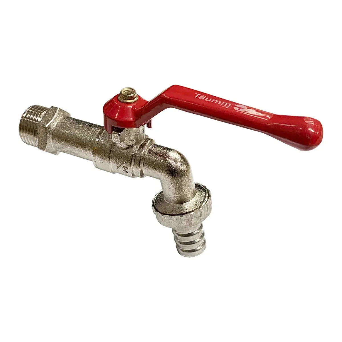 Llave bola de 1/2 pulgada con cuerpo de Zamak y manilla roja, ideal para conexión de manguera de jardín.