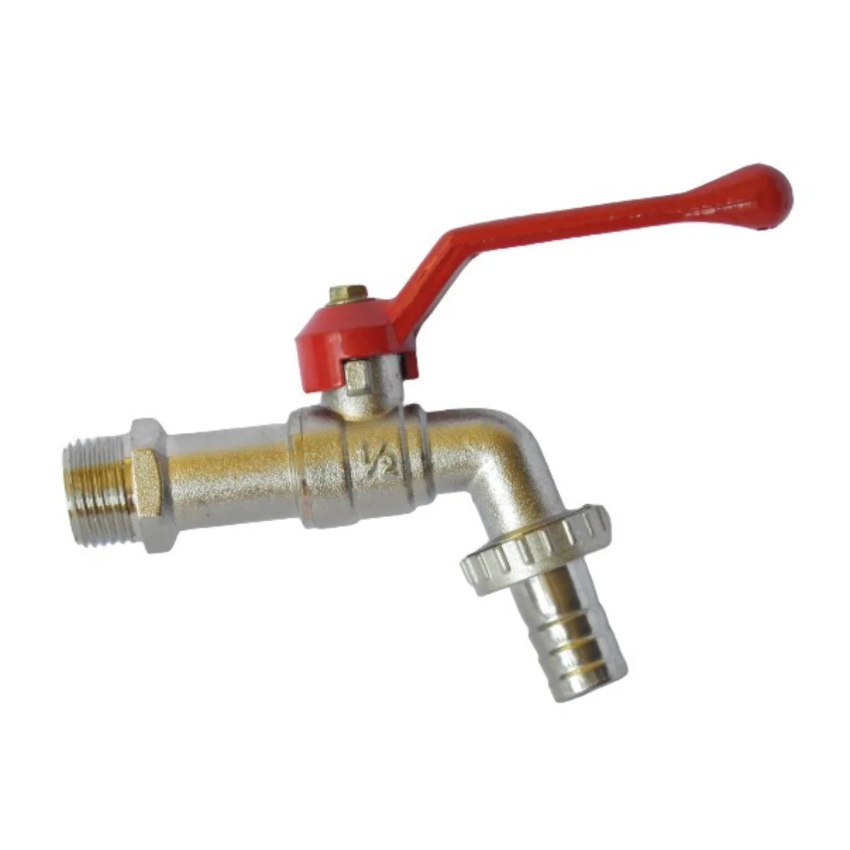 Llave bola de 1/2 pulgada con cuerpo de Zamak y manilla roja, ideal para conexión de manguera de jardín.