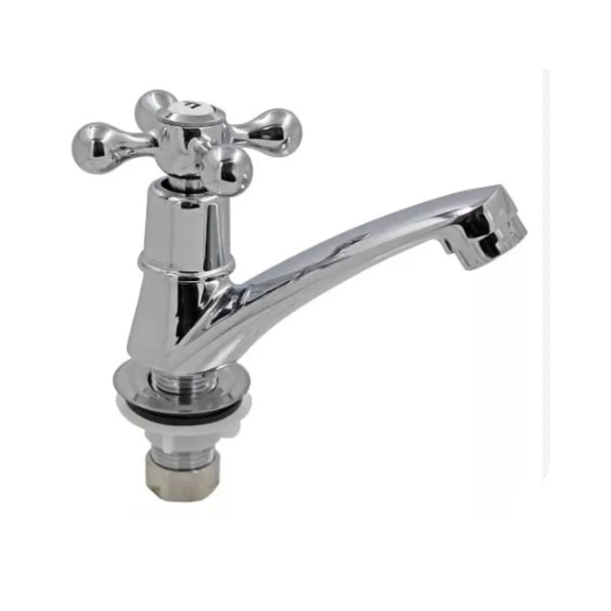 Llave lavatorio Taumm línea Eco Mejorada en Zamak cromado con manilla tipo cruz y tuercas de seguridad metálicas.
