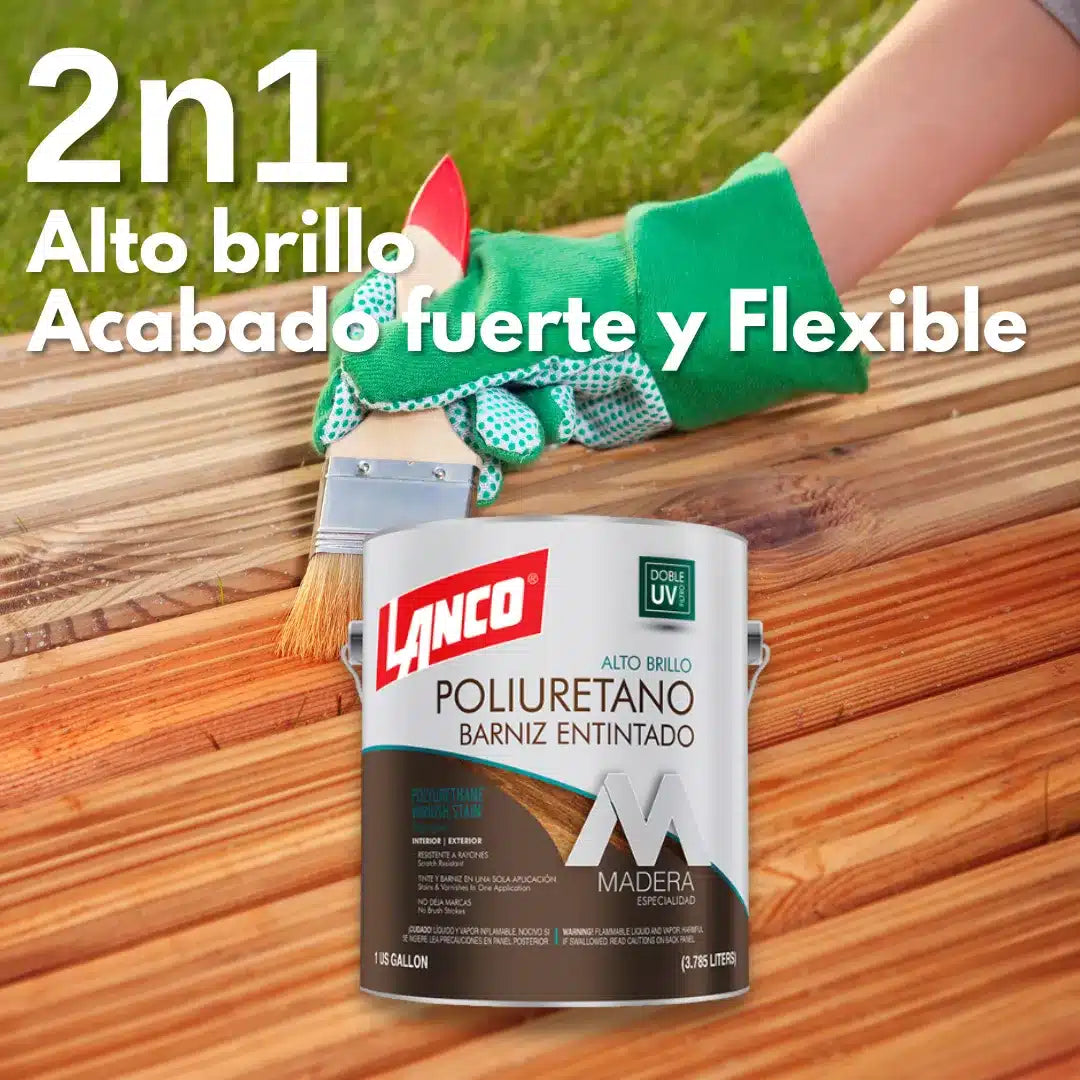 Barniz de poliuretano Lanco 2 en 1 con tinte, acabado brillante, sella y protege la madera a la vez que le da color.