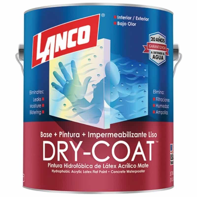 Esmalte impermeabilizante Lanco Dry-Coat blanco mate, pintura antihumedad de acabado decorativo para sellar sótanos, muros y prevenir filtraciones.