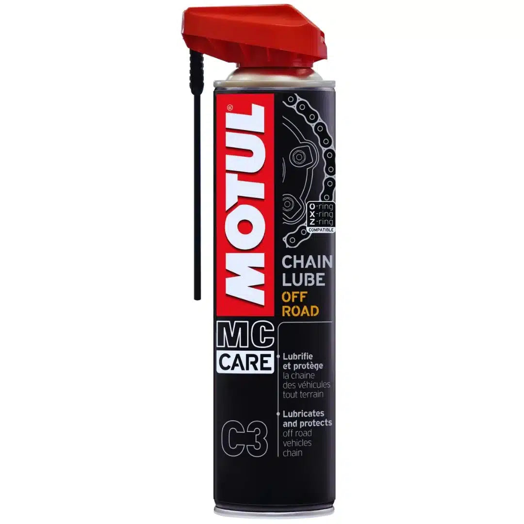Lubricante Motul C3 Off Road 400 ml en aerosol para cadenas de moto, fórmula de alta adherencia y resistencia al agua/polvo, ideal para motocicletas todoterreno.