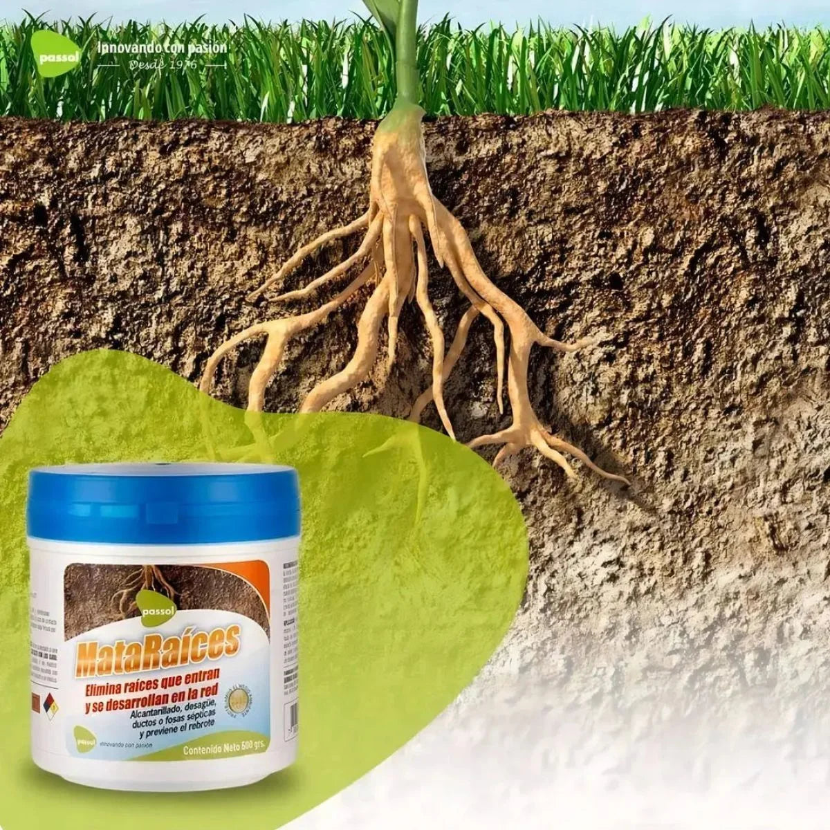 Producto químico en formato de 500 gramos para eliminar raíces en alcantarillado y fosas sépticas, seguro para árboles. Destapador de cañerias