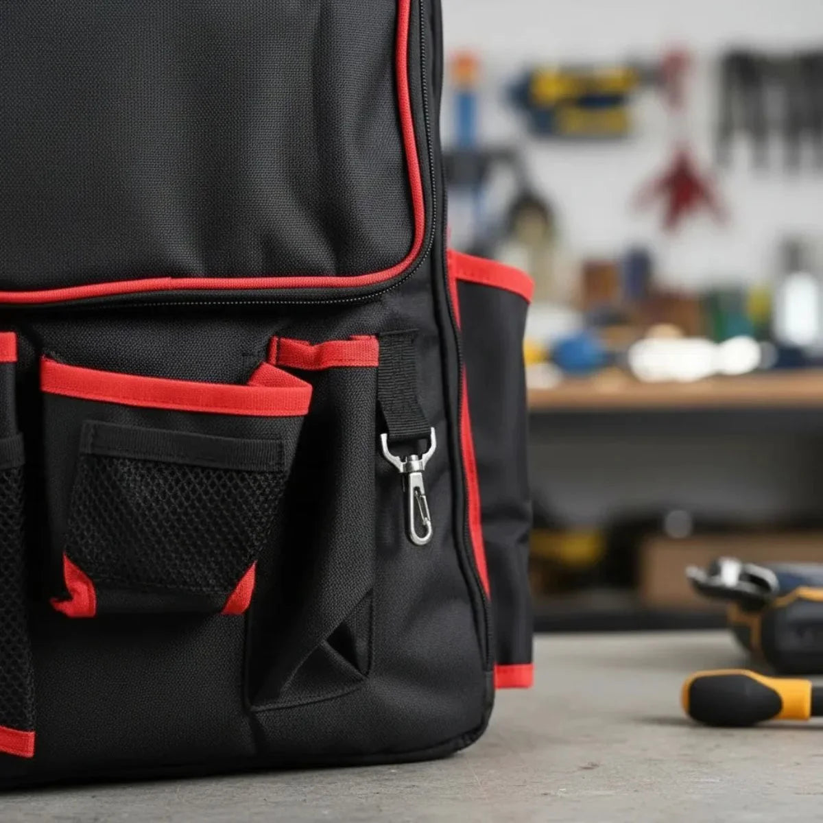 Mochila para herramientas marca YATO de 33x16x43 cm fabricada en poliéster reforzado para uso profesional y técnico.