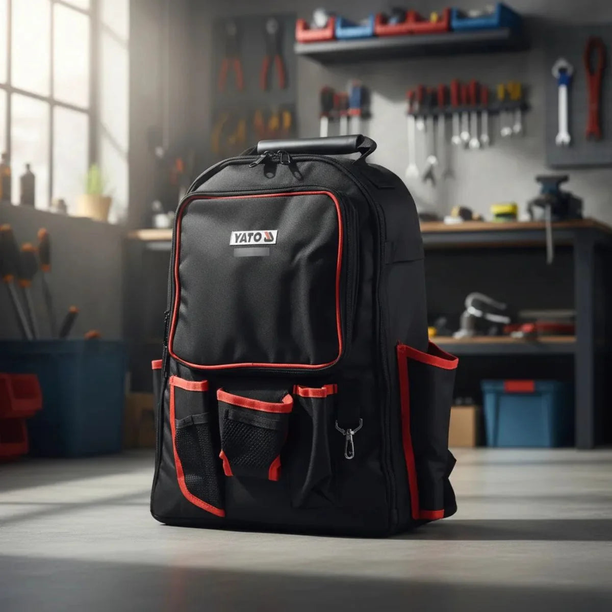 Mochila para herramientas marca YATO de 33x16x43 cm fabricada en poliéster reforzado para uso profesional y técnico.