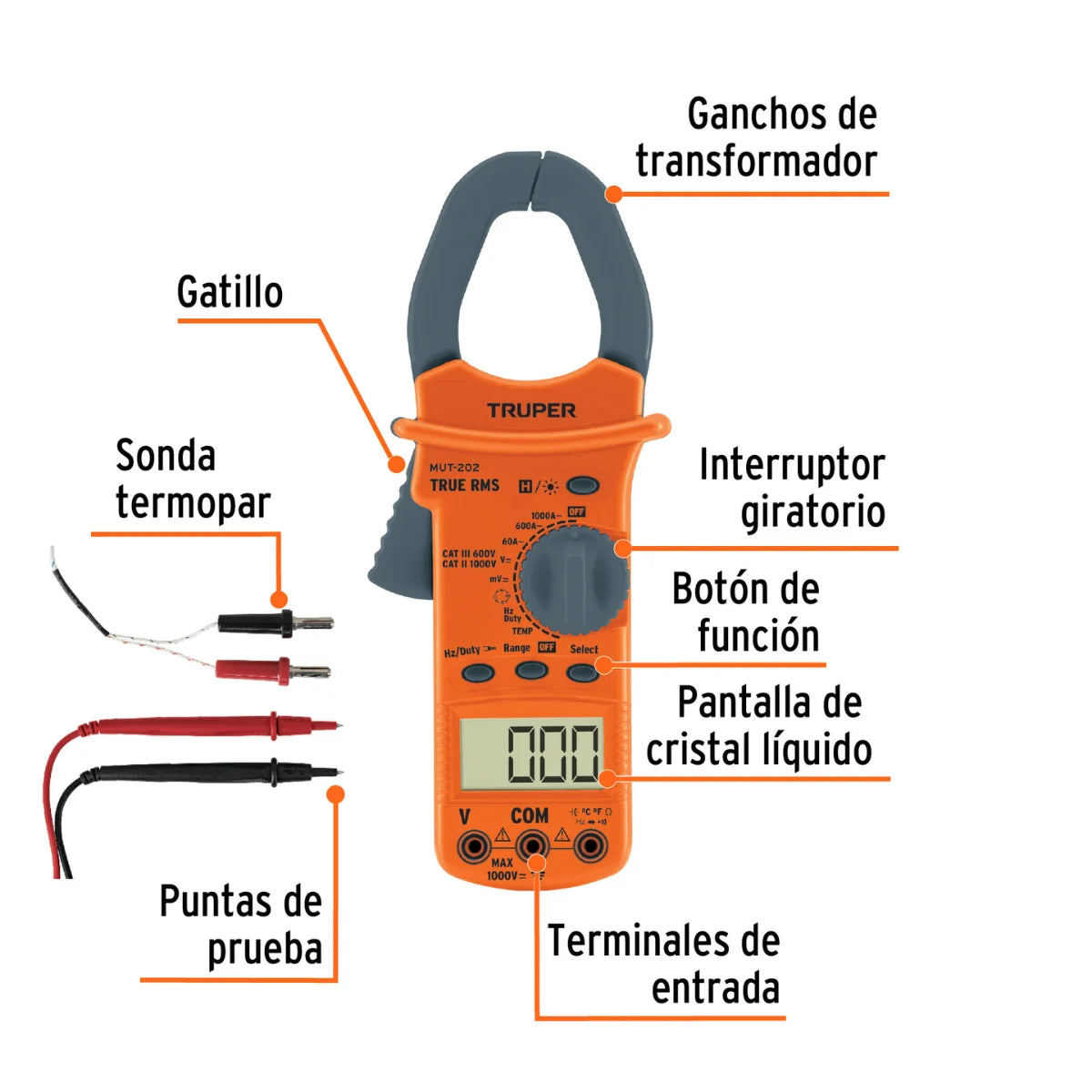 Multímetro digital Truper MUT-202 con gancho para mantenimiento industrial, mide corriente hasta 1000A, True RMS y temperatura.