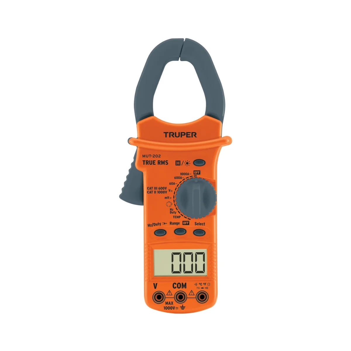 Multímetro digital Truper MUT-202 con gancho para mantenimiento industrial, mide corriente hasta 1000A, True RMS y temperatura.