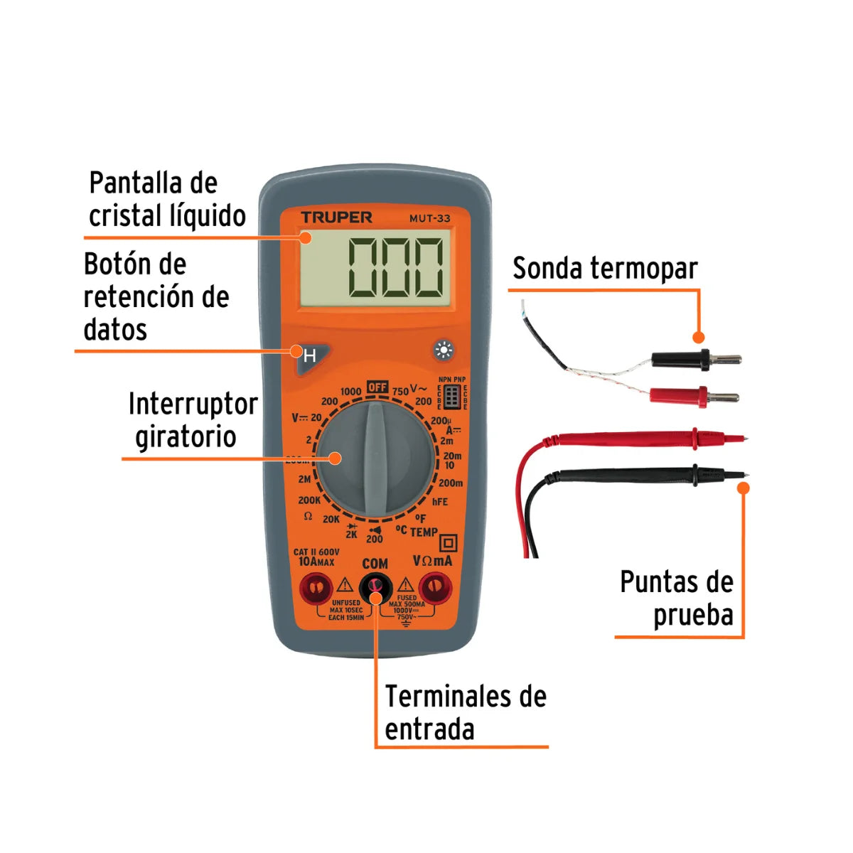 Multímetro digital Truper MUT-33 profesional con medición de temperatura, voltaje AC/DC y prueba de transistores.