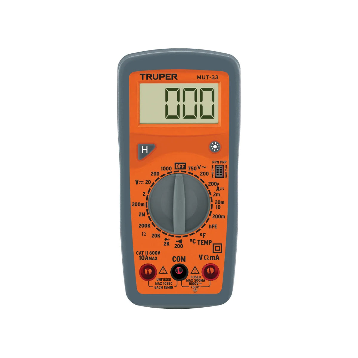 Multímetro digital Truper MUT-33 profesional con medición de temperatura, voltaje AC/DC y prueba de transistores.