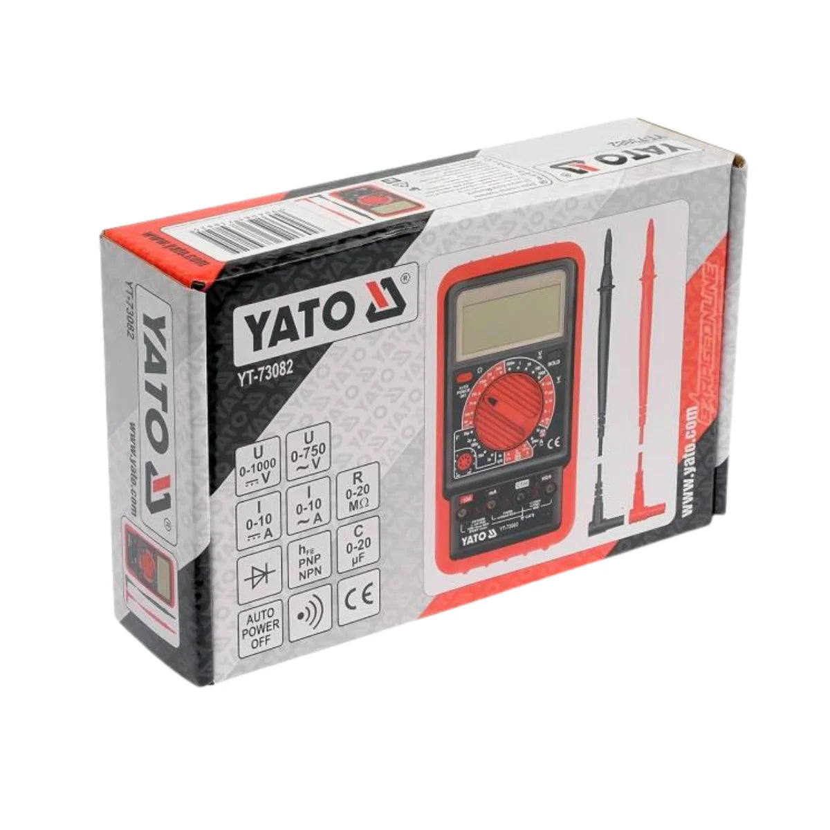 Multímetro digital YATO modelo YT-73082 para medición de voltaje, corriente, resistencia y prueba de transistores hFE. Multitester