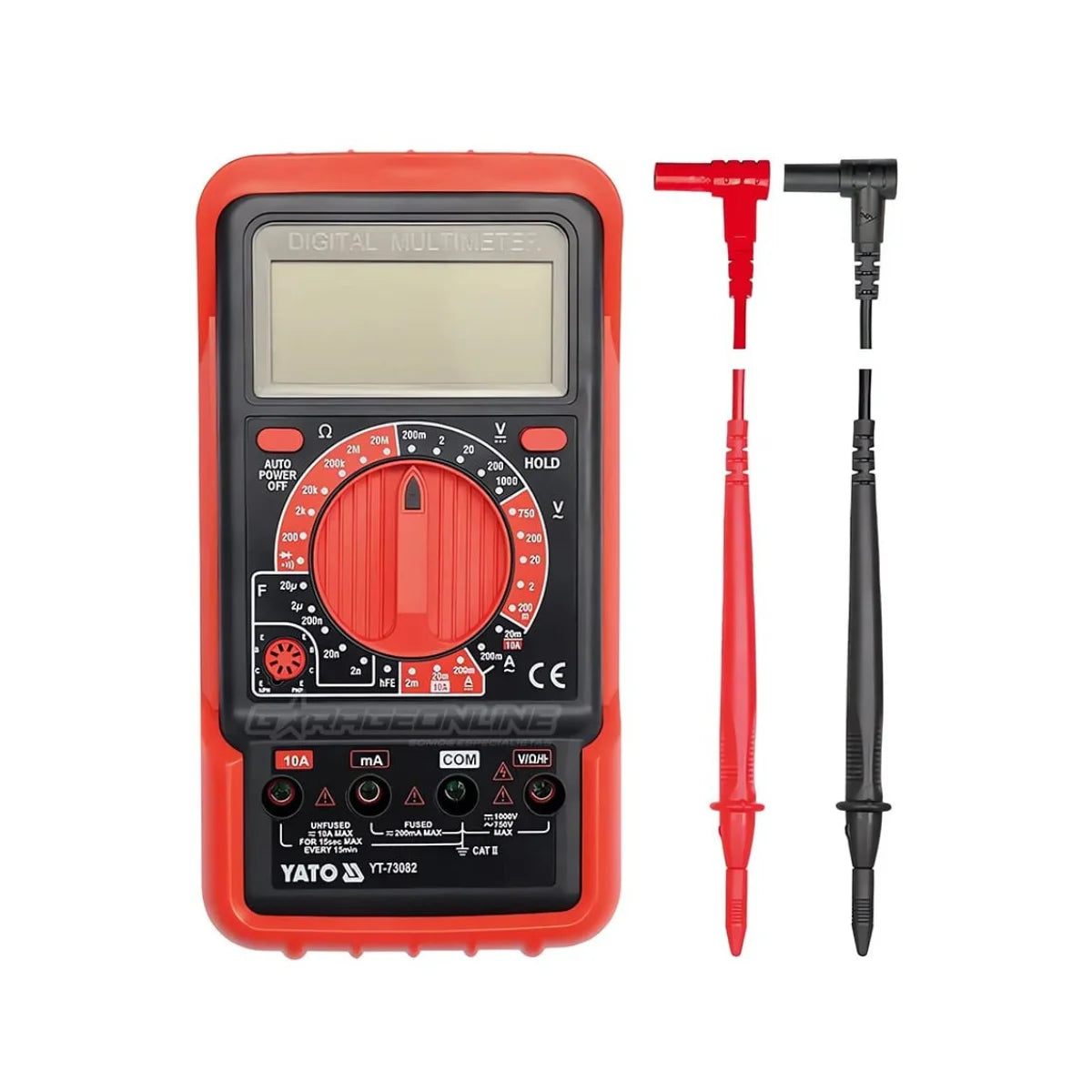 Multímetro digital YATO modelo YT-73082 para medición de voltaje, corriente, resistencia y prueba de transistores hFE. Multitester