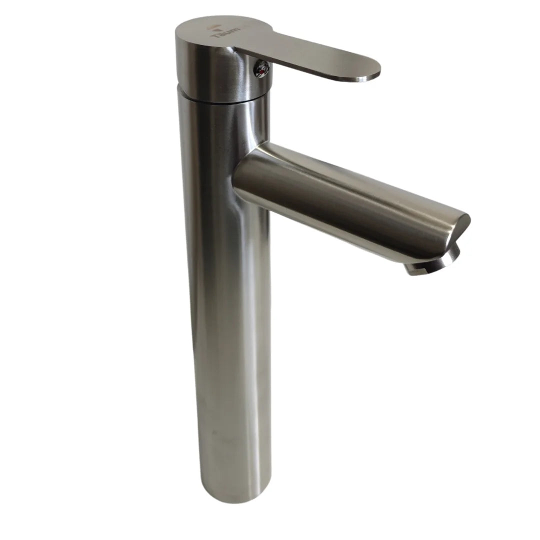 Monomando de lavamanos moderno Taumm alto de acero INOX, grifería de baño con palanca única para instalación sobre cubierta.